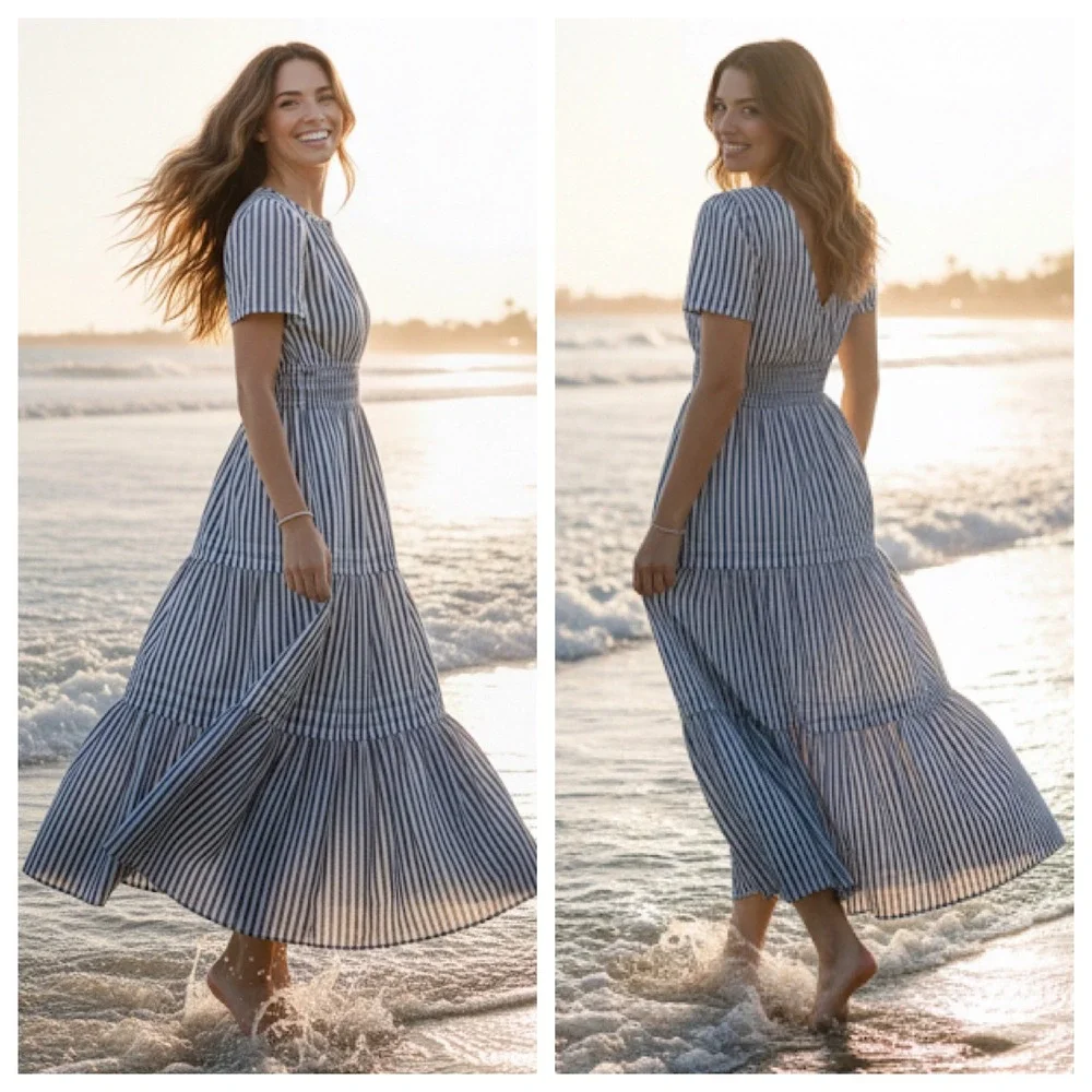 Quince Organic Cotton Tiered Maxi Dress‎ Navy White Stripe Smocked Resortwear M - Picture 6 of 17